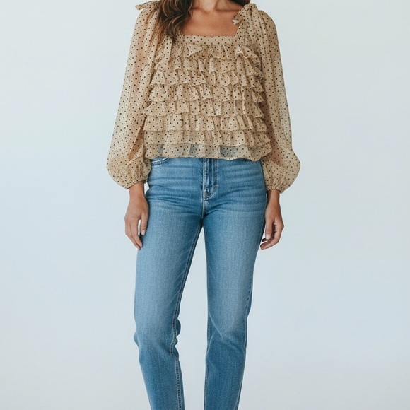 Versona Tops - Versona Ruffle (lined body) Polka Dot Blouse Puffy Sheer Sleeves XS